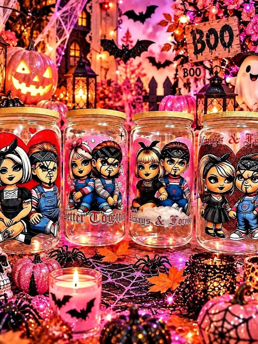 Halloween Mini Glass Jar Set Pink & Black NWT